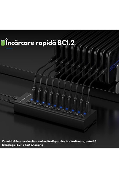 VisionHub Hub USB 3.2 Gen 1 cu 10 Porturi, Viteza 5Gbps, Alimentare 12V/4A, Aluminiu, Incarcare Rapida BC1.2