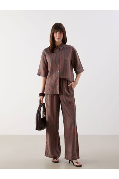 LC Waikiki Burgundy Striped Satin Women's Trousers with Elastic Waist