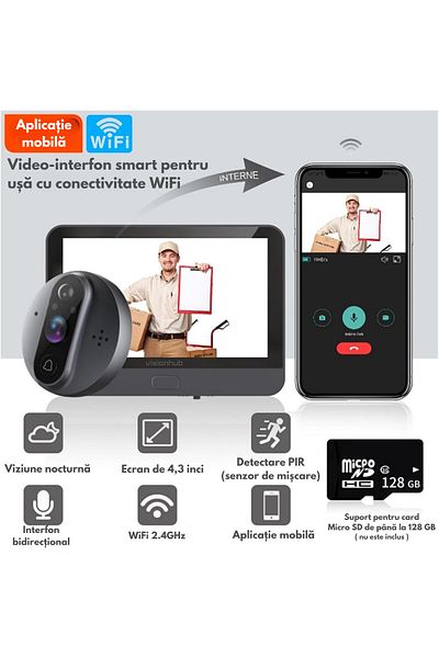 VisionHub Vizor Video Inteligent Wi-Fi cu Sonerie, Interfon cu Camera HD 1080P, 2MP, Ecran LCD 4.3-inch