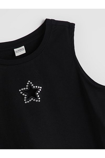 LC Waikiki Black Crew Neck Stoned Girl's Undershirt
