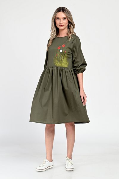 Eranthe Rochie Medie Dama V310, Pictata manual, Kaki cu model floral