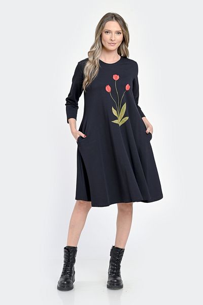 Eranthe Rochie Medie Dama, Ampla, Bleumarin cu pictura realizata manual V304