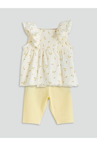 LC Waikiki Ecru Floral Baby Girl Blouse and Leggings 2-Piece