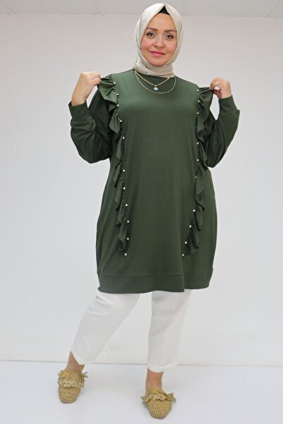 Eslina 58074 Tunica din bumbac pieptănat cu volane și detalii de piatră - kaki