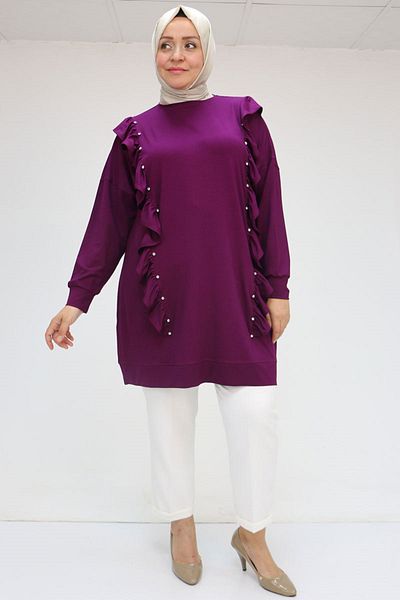 Eslina 58074 Large Size Ruffle and Stone Detailed Combed Cotton Tunic - Plum