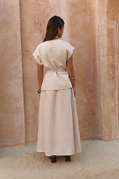 BOHEMAİ Fiametta Casual Stone Linen Vest Skirt Suit