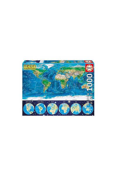 EDUCA Puzzle Educa - Neon World Map, 1000 piese, include lipici puzzle