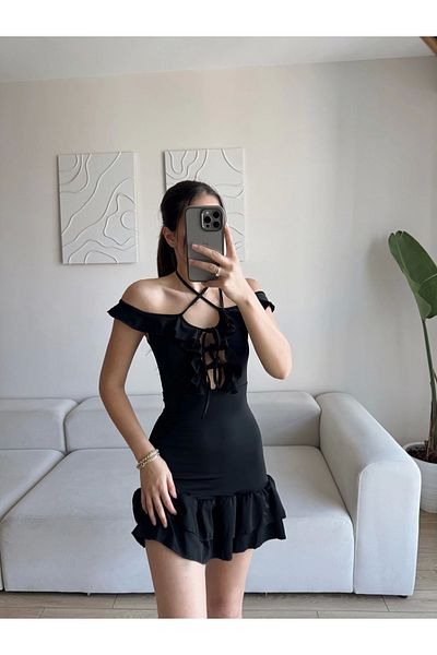 Zoom Butik Ruffled Madonna Collar Dress - Black