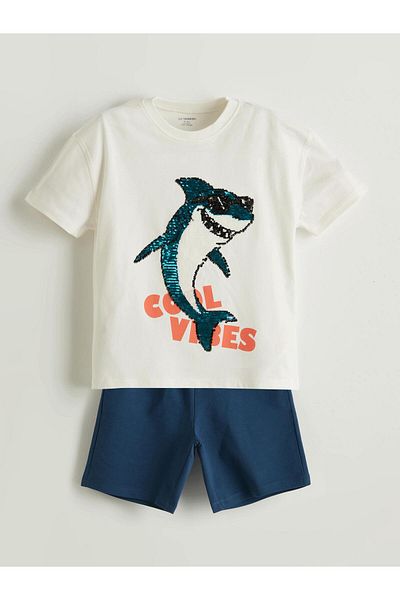 LC Waikiki Ecru Printed Boys' T-Shirt and Shorts 2-Pack