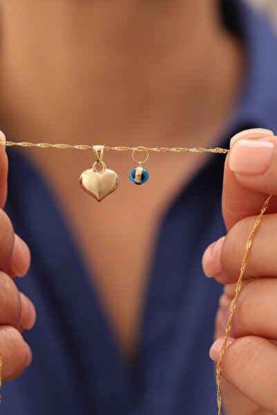 YAVUZ KUYUMCULUK 14 Ayar Altın Singapur Zincir Nazar Boncuklu Kalp Kolye