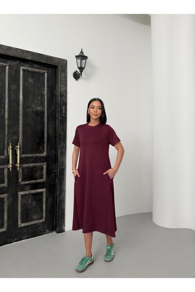 Butik Serdivan فستان طويل نسائي من القماش المشروط الأساسي بأكمام قصيرة، موضة ...