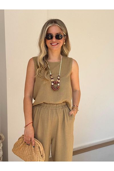 My Blog Khaki Necklace Blouse Trousers Set - 8757