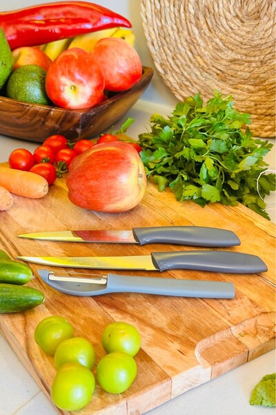 Rooc 3'lü Paslanmaz Çelik Mutfak Bıçak ve Soyacak Seti - Ergonomik Sap