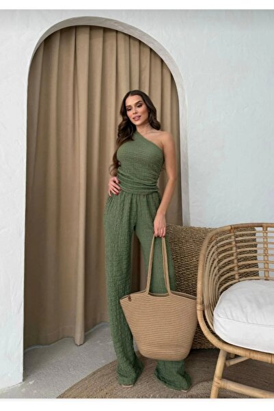 MODA Πράσινο σετ από ύφασμα με έναν ώμο, τύπου σοφρέ, με μπαλώματα, για κάτω ...