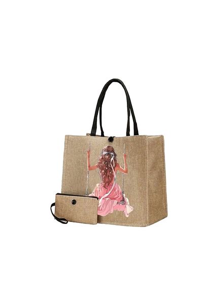 The Casius. Geanta Tote din Material de In cu Portofel, Model Fata in Leagan, Culoarea Bej