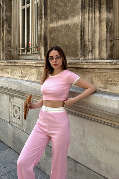 Siner Fashion Women's White Detailed Crop High Waist Bottom Top Set