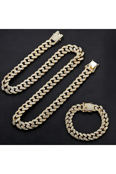 THO Set Cuban Gold Iced Out , model unisex , fabricate din inox , colier 50cm , bratara 20 cm