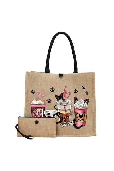 The Casius. Linen tote bag with wallet, Cats with Frappe Cat Mom pattern, beige color