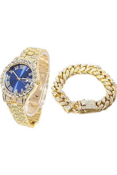 THO Iced Out Gold Blue Watch Set Cuban Bracelet, Gold