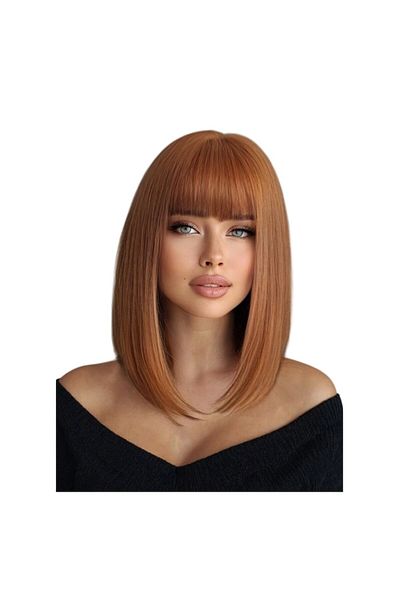 The Casius. Women's wig, long bob with bangs, imitates natural hair, 40 cm, reddish color