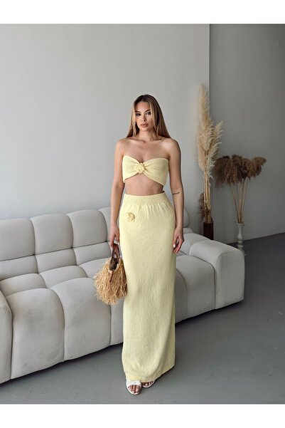 novalook Women's Yellow Knitwear Double Set – Strapless Bustier and Long Skir...