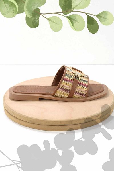 Bambi Mustard Multicolored Straw Women's Slippers K04826051628