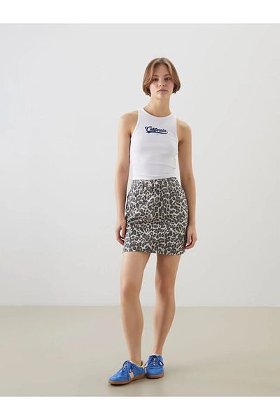 LC Waikiki Xside brown tight fit leopard print mini jean skirt