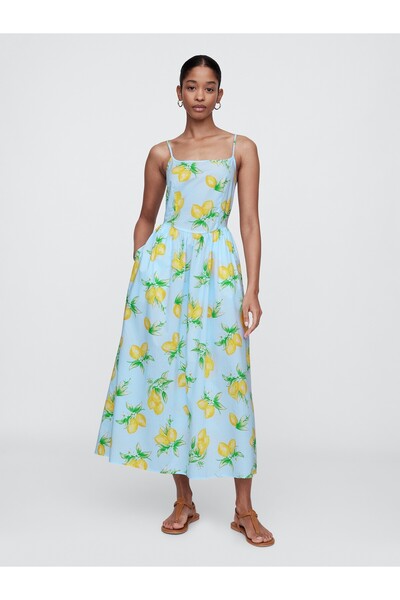 GAP Kadın Mavi Askılı Midi Poplin Elbise