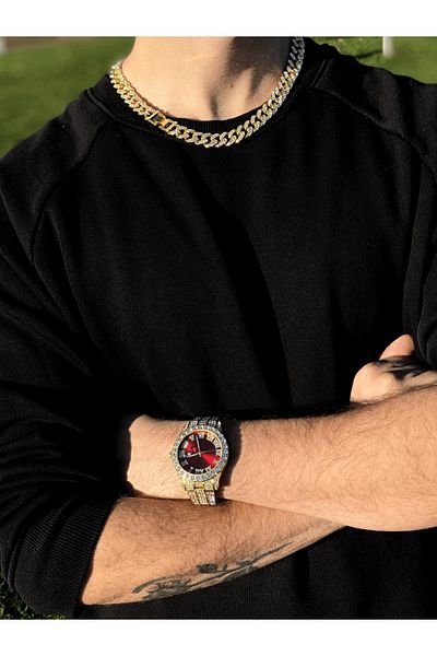 THO Iced Out Gold Red Watch Set + Iced Out Cuban Chain Necklace, gold