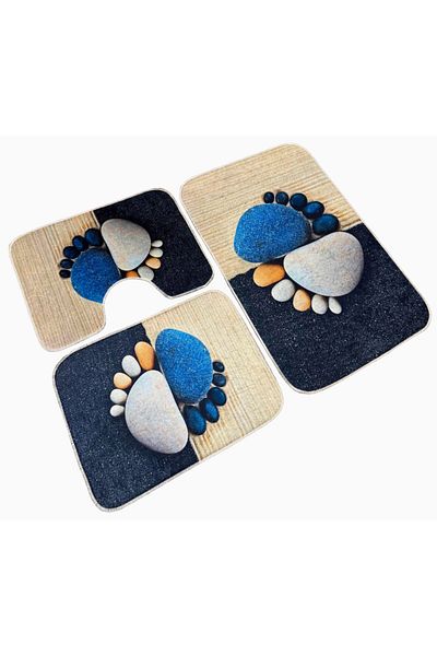 OPTIM DEKO Covoras Baie Set 3 Piese, Antiderapant 100x60, 60x50, 40x60, Albastru/Crem