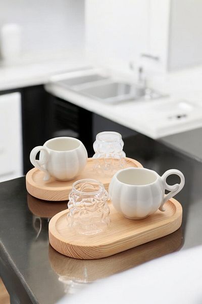 LUMİNA 6 Piece Coffee Cup Set for 2 People - Porcelain Cup - Bamboo Coaster - Grape Cup