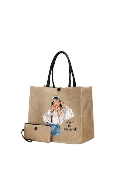 The Casius. Geantă tote din in, model bej, crem