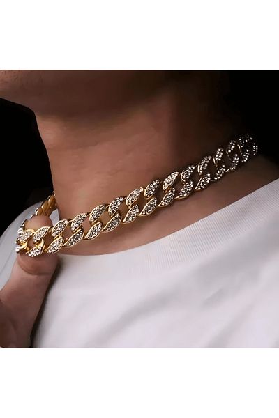 THO Cuban Gold Iced Out Necklace, unisex model, made of stainless steel, 50cm necklace