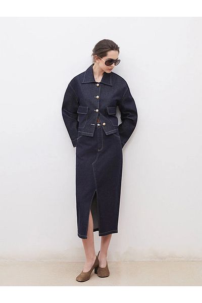 LC Waikiki Soulife Navy Blue Loose Fit Slit Jean Skirt