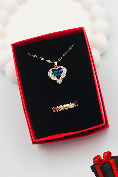 TREND COLLECTİON Paslanmaz Çelik Zirkon Taşlı Gold Kalp Kolye Ve Yüzük Seti