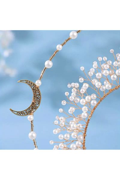 Store Moon Motif Pearl Detailed Princess Crown – Fantastic Crown in Gold Color