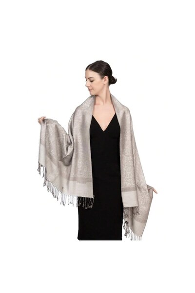 The Casius. Eșarfă subțire de damă cu bordură cu franjuri, gri, The Casius