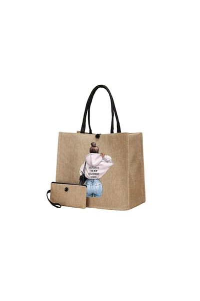 The Casius. Linen Tote Bag With Wallet, Girl With White Hoodie Pattern, 34x31x15x15 Cm, ​​Beige Color
