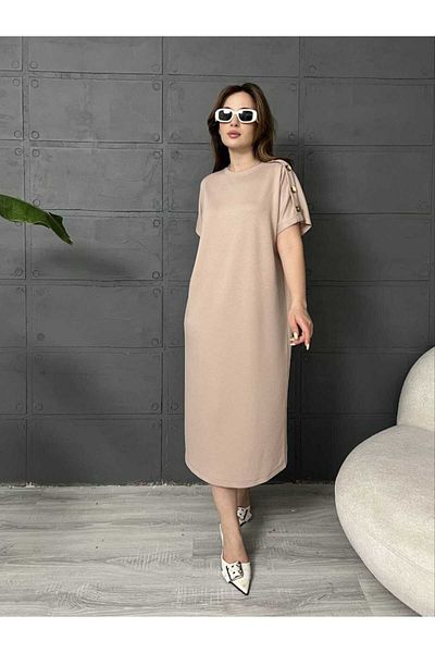 Butik Merrline γυναικείο φόρεμα με χρυσό κουμπί με μανίκια νυχτερίδα Premium κορυφαίας ποιότητας Modal New Trend