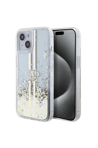 Guess Case Liquid Glitter Gold Stripe iPhone 15 Transparent
