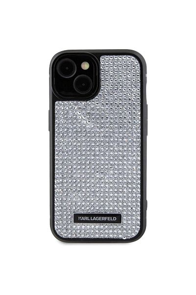 Karl Lagerfeld Husa Rhinestone Plate Metal Logo Iphone 15 Argintiu