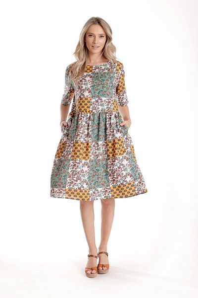 Eranthe Rochie Medie Dama V275, Imprimeu Combinat Crem, Mustar si Verde