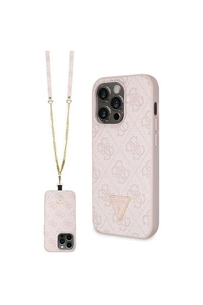 Guess Husa Pu 4g Strass Triangle Metal Logo With Crossbody Strap Iphone 15 Pro Max Pink