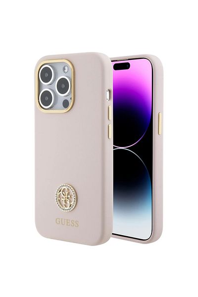 Guess Case Liquid Silicone 4g Strass Metal Logo Iphone 15 Pro Pink
