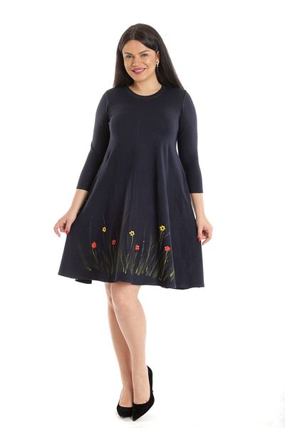 Eranthe Women's Dress with Pockets, Navy Blue with Handmade Painting