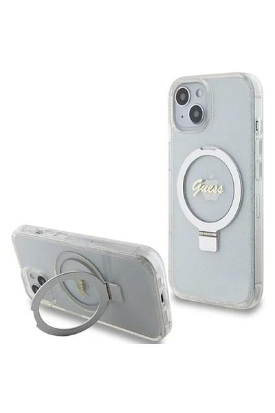 Guess Case Ring Stand Glitter MagSafe iPhone 15 Transparent