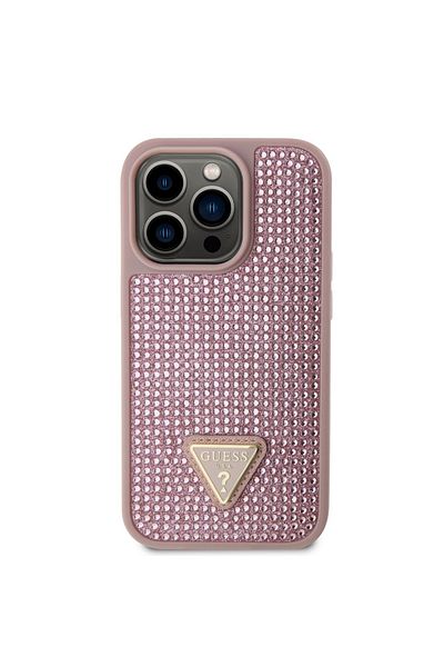 Guess Case Rhinestones Triangle Metal Logo iPhone 14 Pro Pink