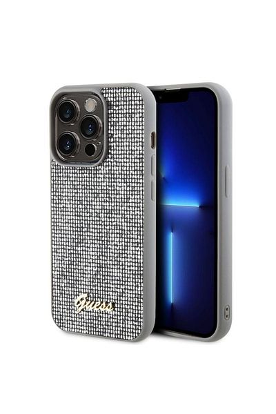 Guess Square Mirror Script Logo Case iPhone 15 Pro Silver
