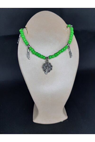 MRYart Green Beaded Four Leaf Clover and Feather Detailed Anklet