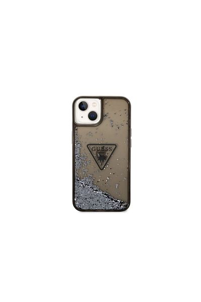 Guess Case Iphone 14 Liquid Glitter Translucent Triangle Logo Black